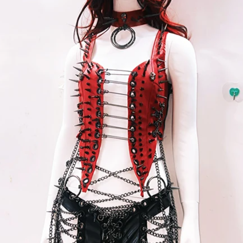 Rebel Red Spiked & Chained Goth Vest - Halloween, Club & Festival Ready for Women