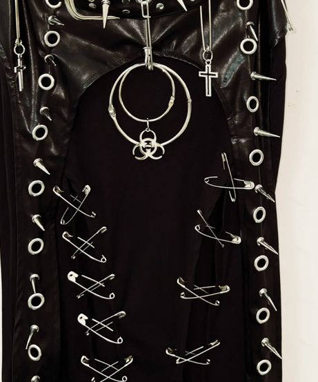Unleash Your Edge: Goth Punk Faux Leather O-Ring Maxi Skirt with Safety Pin Detail | Fall & Halloween Statement Piece