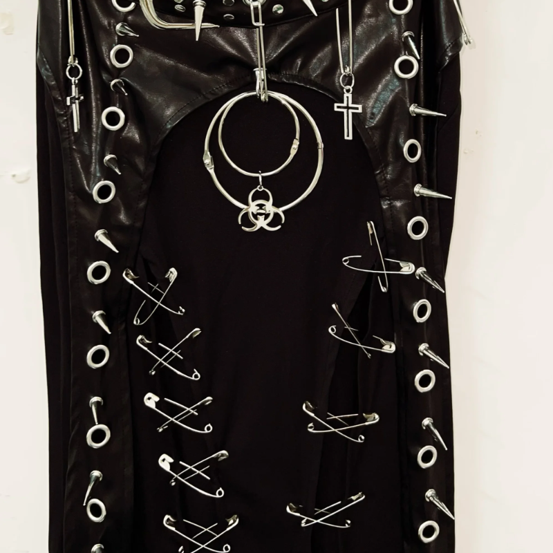 Unleash Your Edge: Goth Punk Faux Leather O-Ring Maxi Skirt with Safety Pin Detail | Fall & Halloween Statement Piece