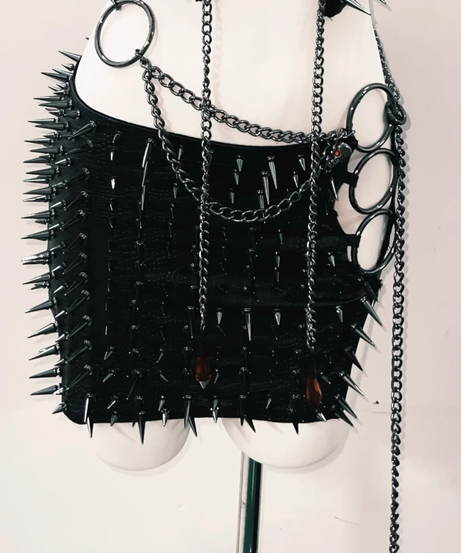 Gothic Spiked & Chained Halter Mini Skirt Set | Unleash Your Edge for Halloween & Fall Parties