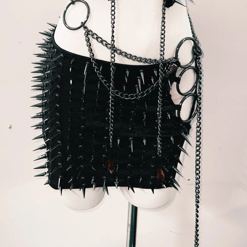 Gothic Spiked & Chained Halter Mini Skirt Set | Unleash Your Edge for Halloween & Fall Parties