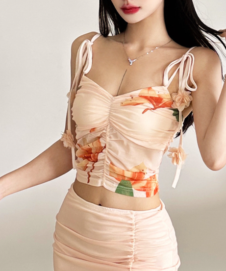 Vibrant Fall Bloom Ruched Mesh Crop Top - Adjustable Tie-Shoulder Cami for Chic Getaways & Resort Style