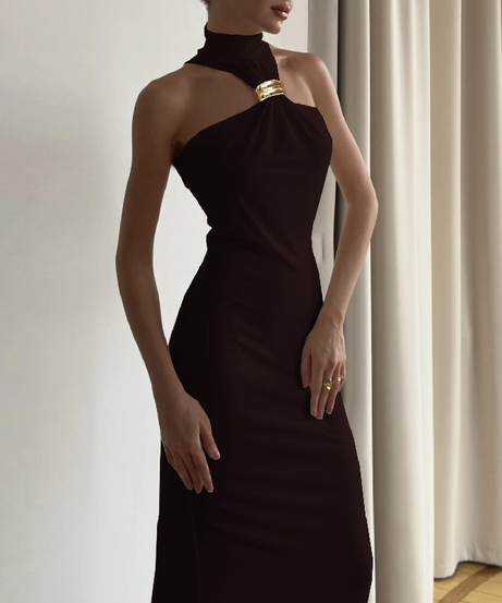 Sleek Black High-Neck Maxi Dress with Architectural Gold Accent | Holiday & Evening Elegance
