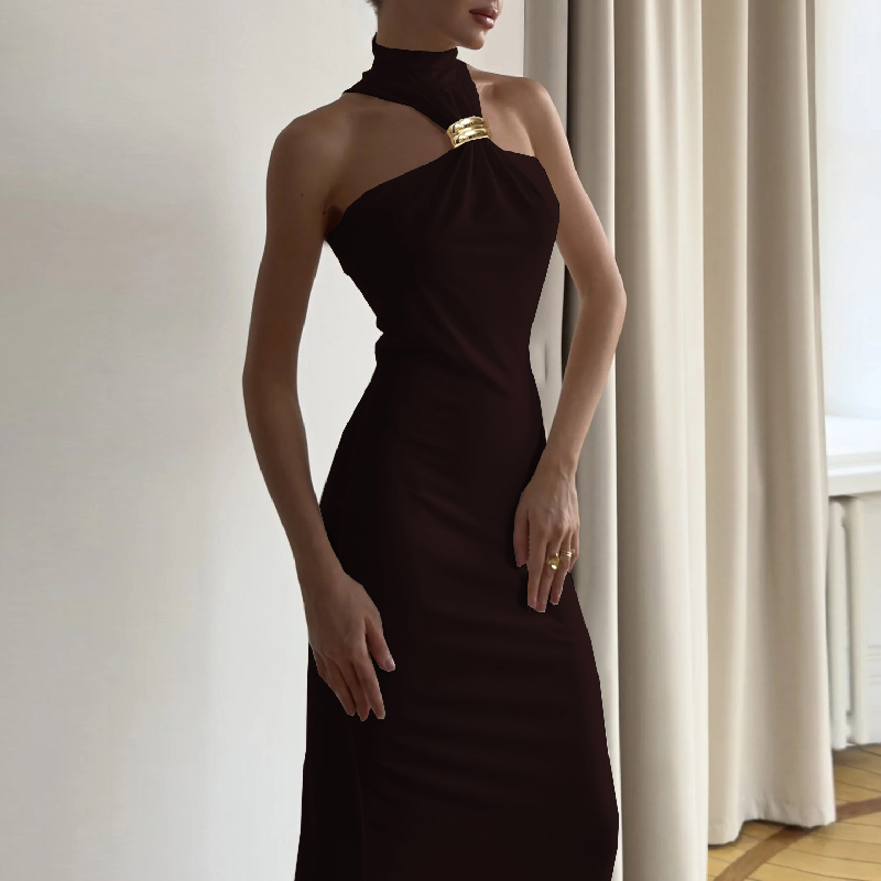 Sleek Black High-Neck Maxi Dress with Architectural Gold Accent | Holiday & Evening Elegance