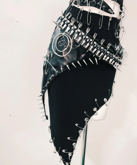 Fierce Biohazard Spiked Safety Pin Mini Dress - Halloween, Goth & Clubwear Statement