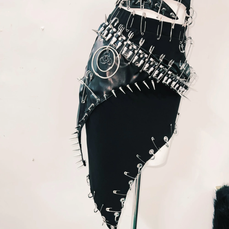 Fierce Biohazard Spiked Safety Pin Mini Dress - Halloween, Goth & Clubwear Statement