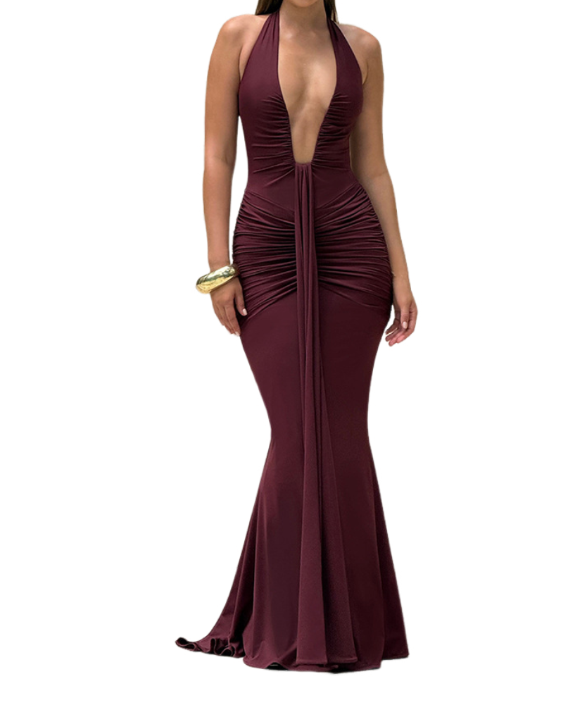 Timeless Black Halter Deep V Ruched Maxi Gown | Fall Gala & Holiday Party Glamour