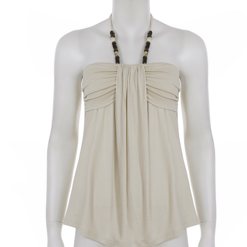 Effortless Boho Chic Halter Top for Women - Beaded Tie Neck & Ruched Comfort