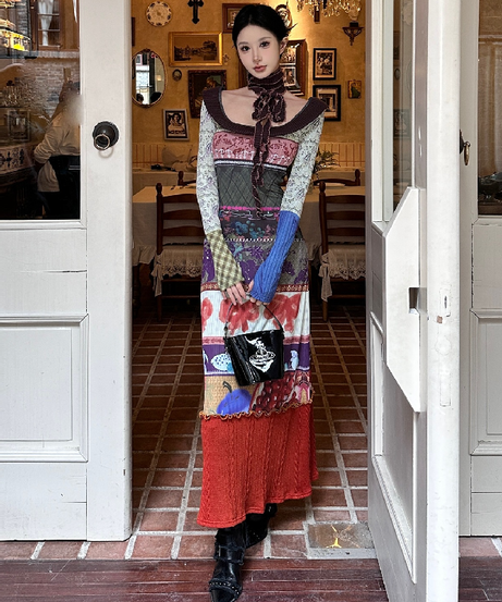 Fall Eclectic Patchwork Maxi Dress with Chic Bowknot: Vintage-Inspired Autumn Style