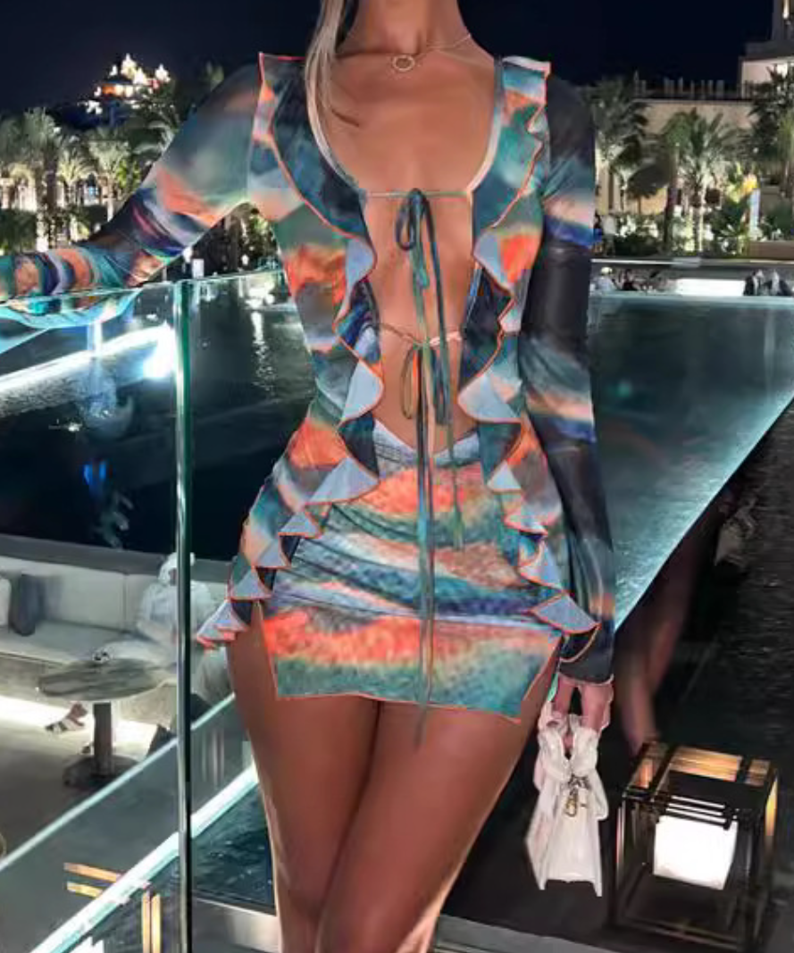 Fall Fiesta: Vibrant Mesh Ruffle Cut-Out Mini Skirt Set - Party & Vacation Ready