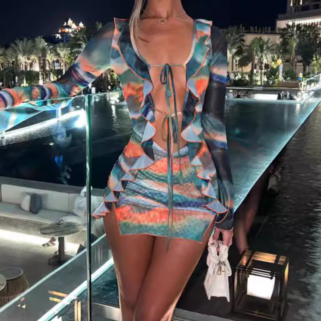 Fall Fiesta: Vibrant Mesh Ruffle Cut-Out Mini Skirt Set - Party & Vacation Ready