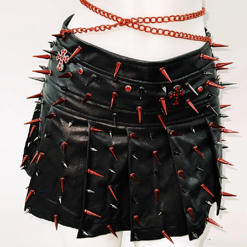 Dare to Thrill: Spiked Faux Leather Halter Top & Mini Skirt Set - Ultimate Halloween & Clubwear