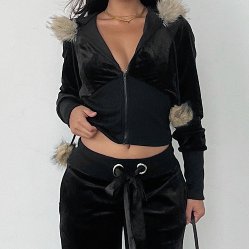 Velvet Luxe Faux Fur Trim Cropped Zip-Up Hoodie - Cozy Fall & Winter Chic