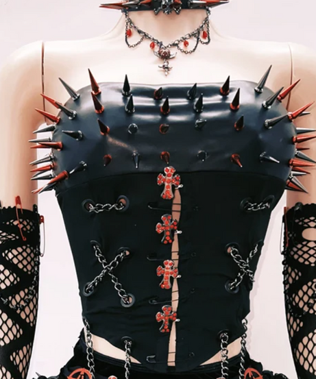 Crimson & Black Spiked Gothic Tube Top - Fierce Halloween, Rave & Clubwear