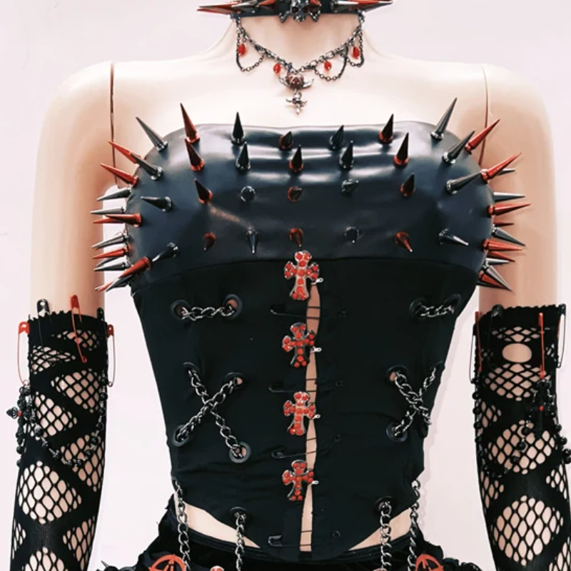 Crimson & Black Spiked Gothic Tube Top - Fierce Halloween, Rave & Clubwear