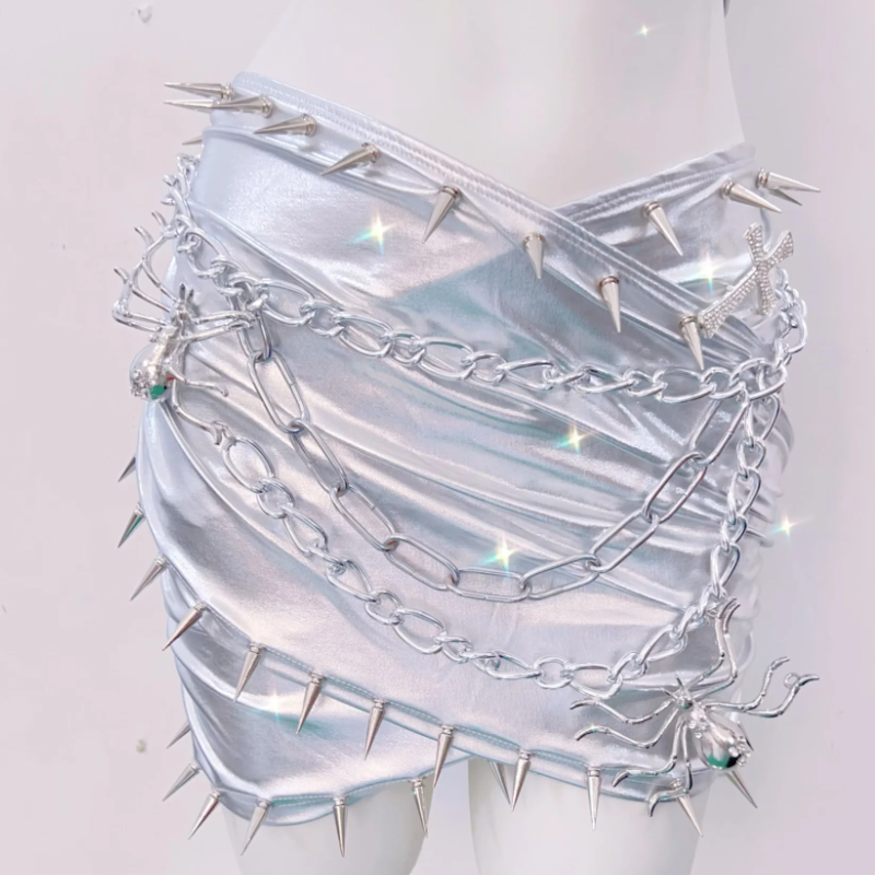 Spiked Silver Siren Chain Halter Top & Mini Skirt Set - Your Ultimate Halloween & Festival Statement Piece!