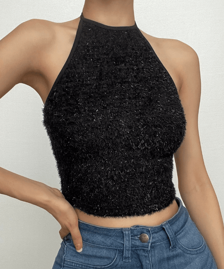 Luxe Black Fuzzy Halter Crop Top – Chic Fall & Holiday Going Out Style