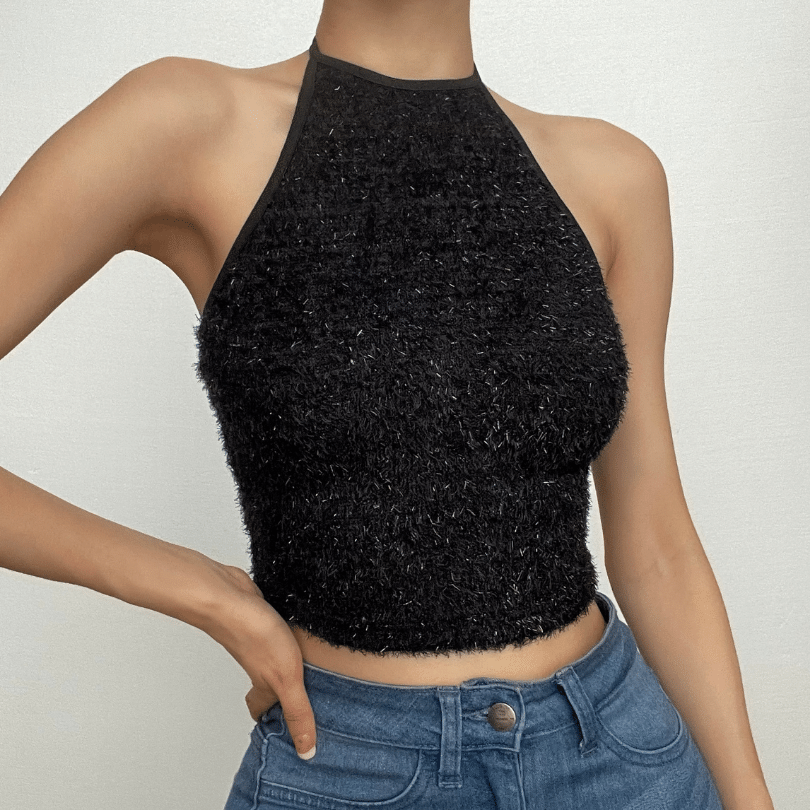Luxe Black Fuzzy Halter Crop Top – Chic Fall & Holiday Going Out Style