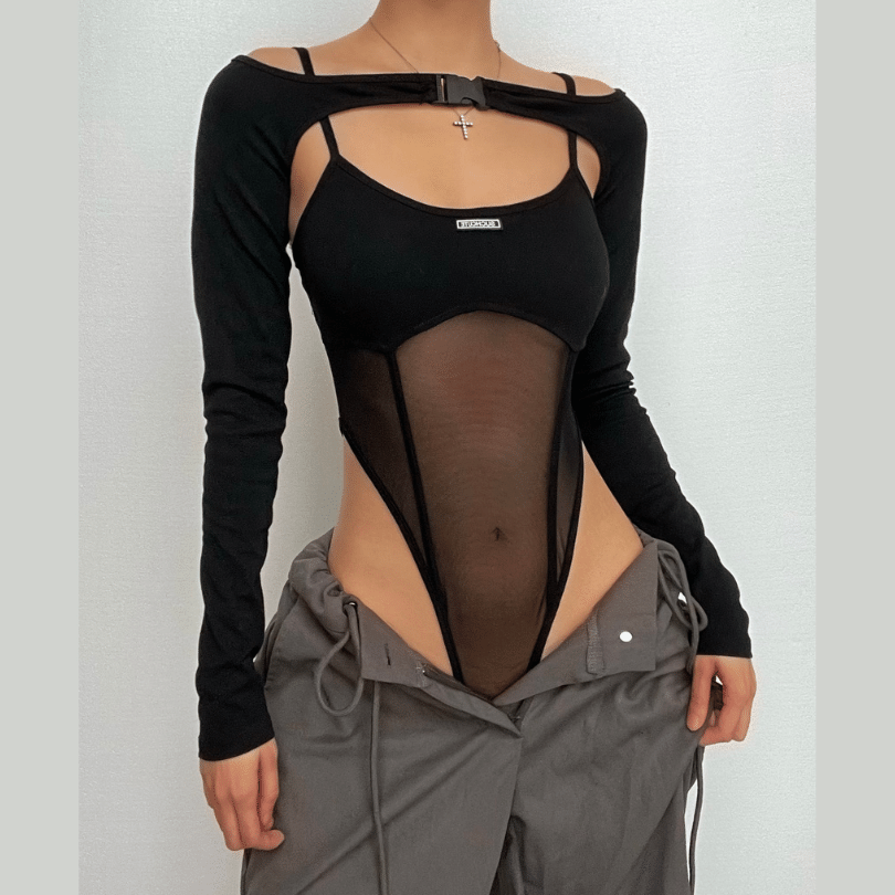 Edgy Y2K Buckle Mesh Bodysuit & Off-Shoulder Shrug Set - Perfect for Fall Nights Out