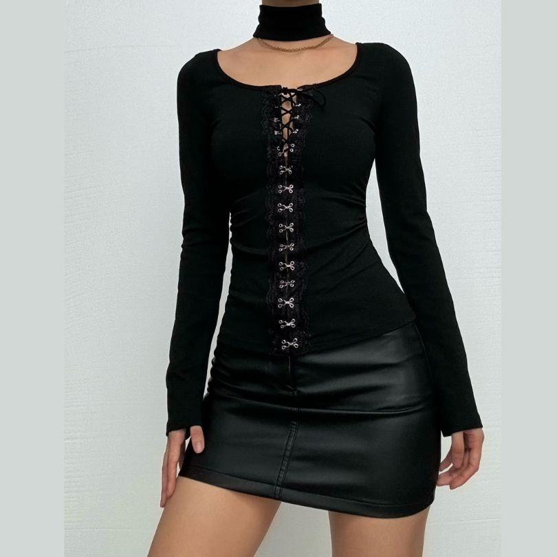 Sultry Black Lace-Up Corset Long Sleeve Top with Choker - Fall & Winter Edgy Chic