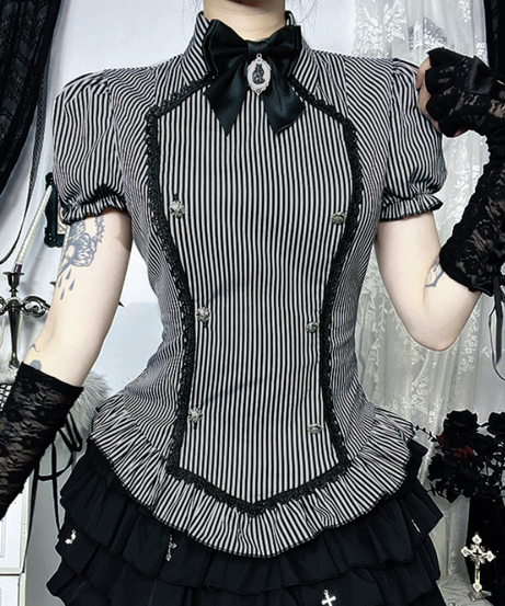 Haunted Elegance: Victorian Gothic Striped Peplum Blouse with Black Cat Cameo – Fall & Halloween Ready!