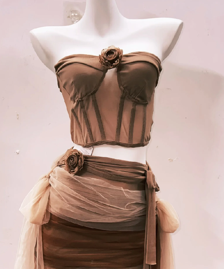 Autumn Bloom Mesh Bustier & Draped Mini Skirt Set - Earthy Chic Two-Piece