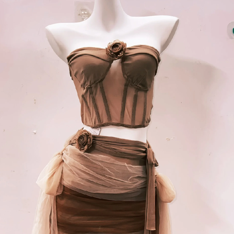 Autumn Bloom Mesh Bustier & Draped Mini Skirt Set - Earthy Chic Two-Piece