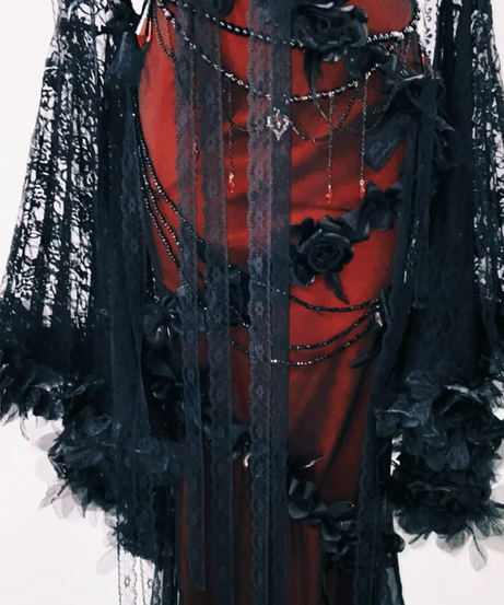 Enchanting Gothic Romance Maxi Dress: Bewitching Black Lace & Red Floral Gown for Halloween & Fall Galas