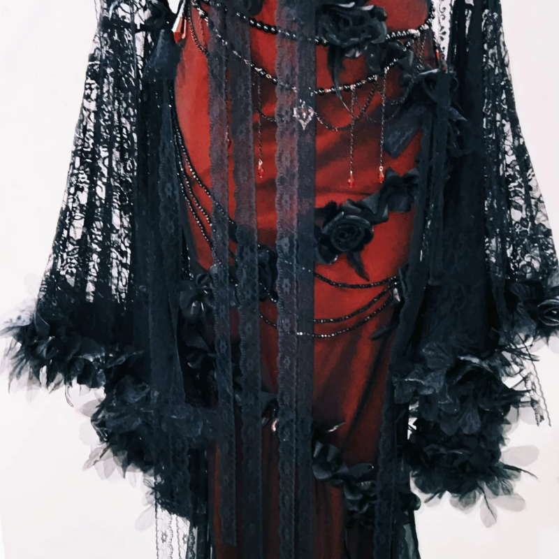 Enchanting Gothic Romance Maxi Dress: Bewitching Black Lace & Red Floral Gown for Halloween & Fall Galas