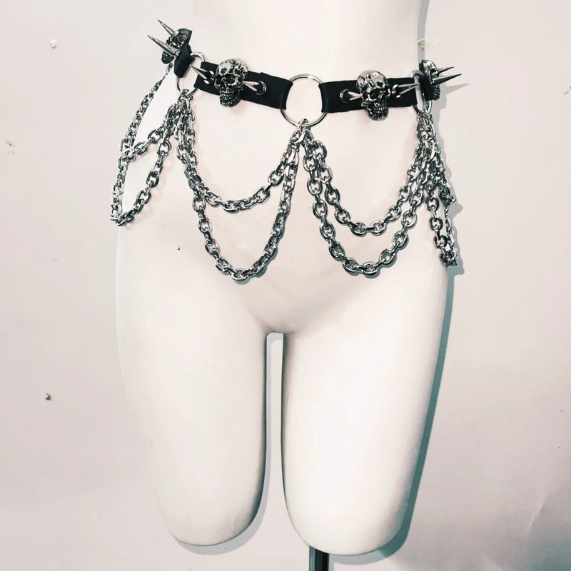 Fierce Goth Punk Spiked Skull Crop Top & Chain Skirt Set - Halloween | Club | Festival