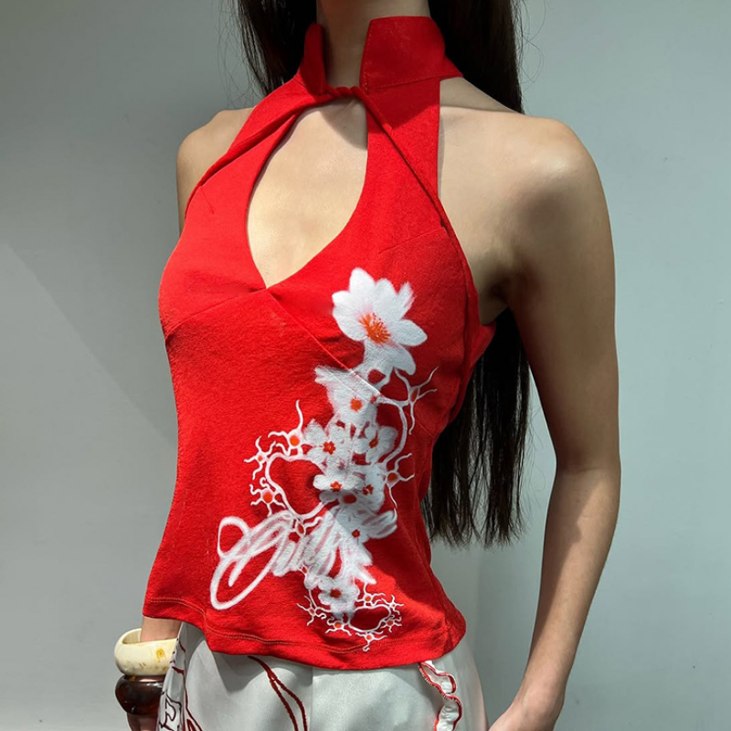 Vibrant Red Halter Keyhole Top: Chic Floral Print for Fall & Holiday Celebrations