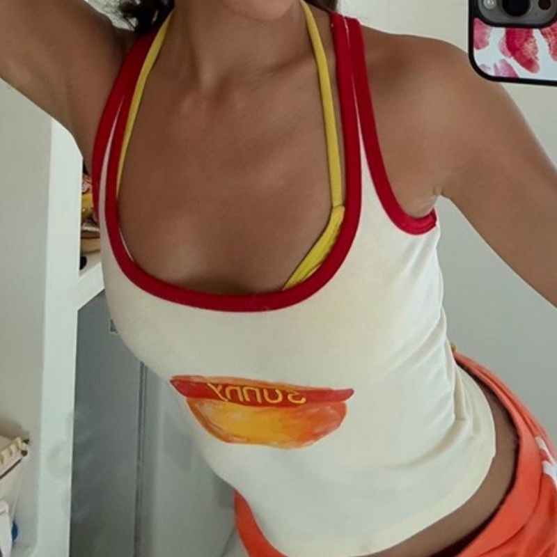 Feelin' Sunny Hot Dog Graphic Crop Top | Y2K Red Trim Racerback Tank