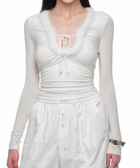 Glam Black Faux Fur Trim Long Sleeve Top - Chic Tie-Front Fall & Holiday Style