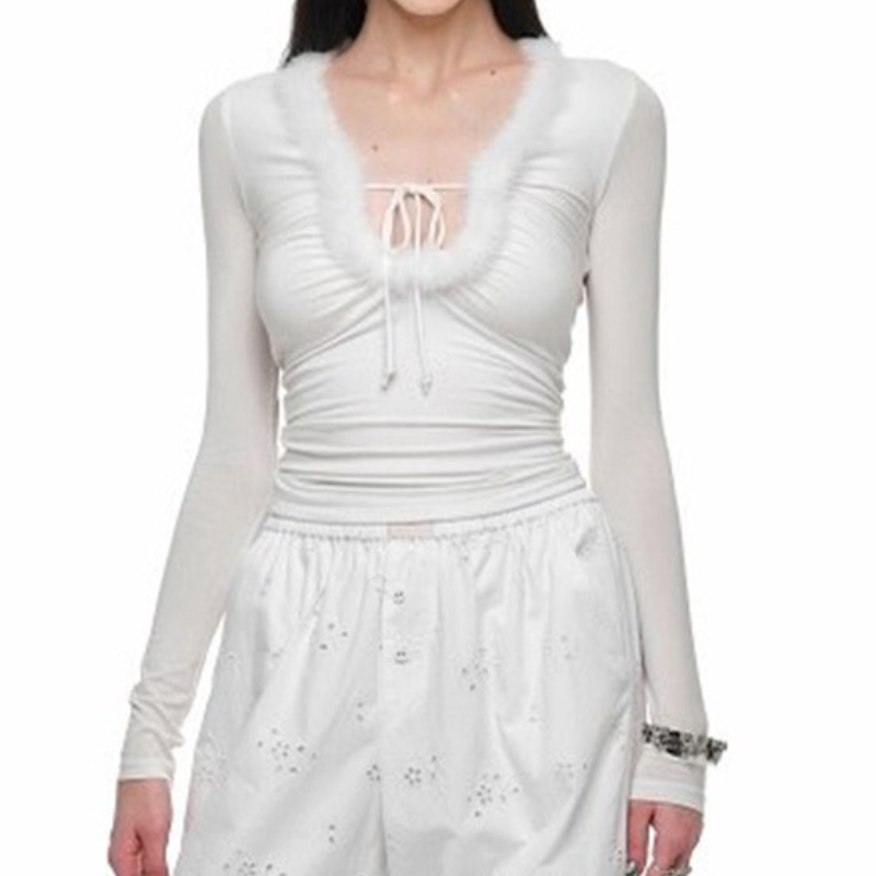 Glam Black Faux Fur Trim Long Sleeve Top - Chic Tie-Front Fall & Holiday Style