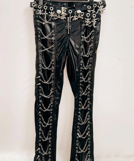 Women's Rebel Chain & Spike Faux Leather Pants - Edgy Goth Clubwear for Spooky Season