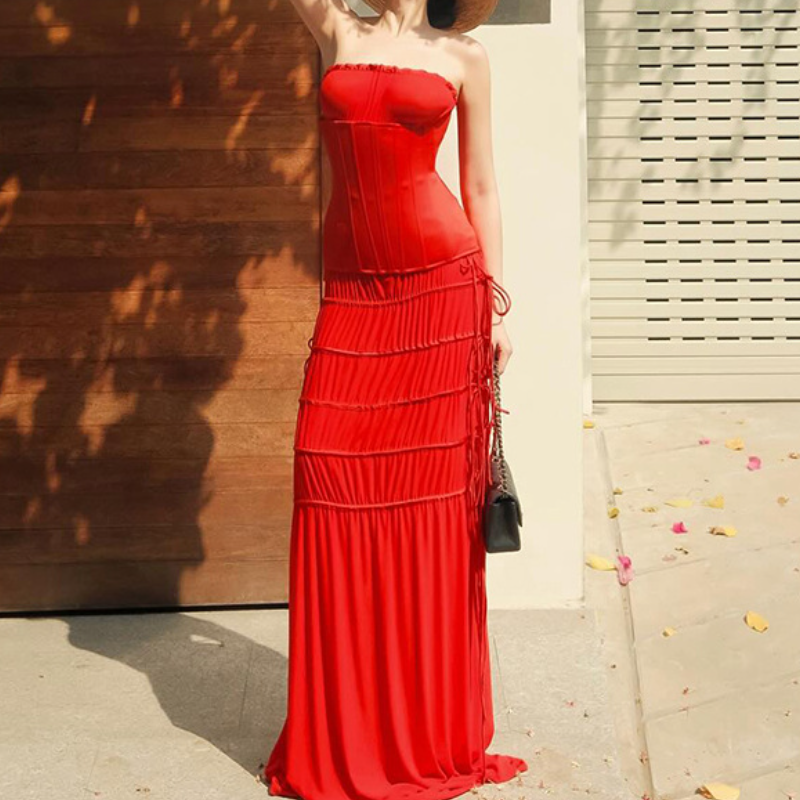 Ruby Red Strapless Corset Bodycon Midi Dress - Fall & Holiday Party Essential