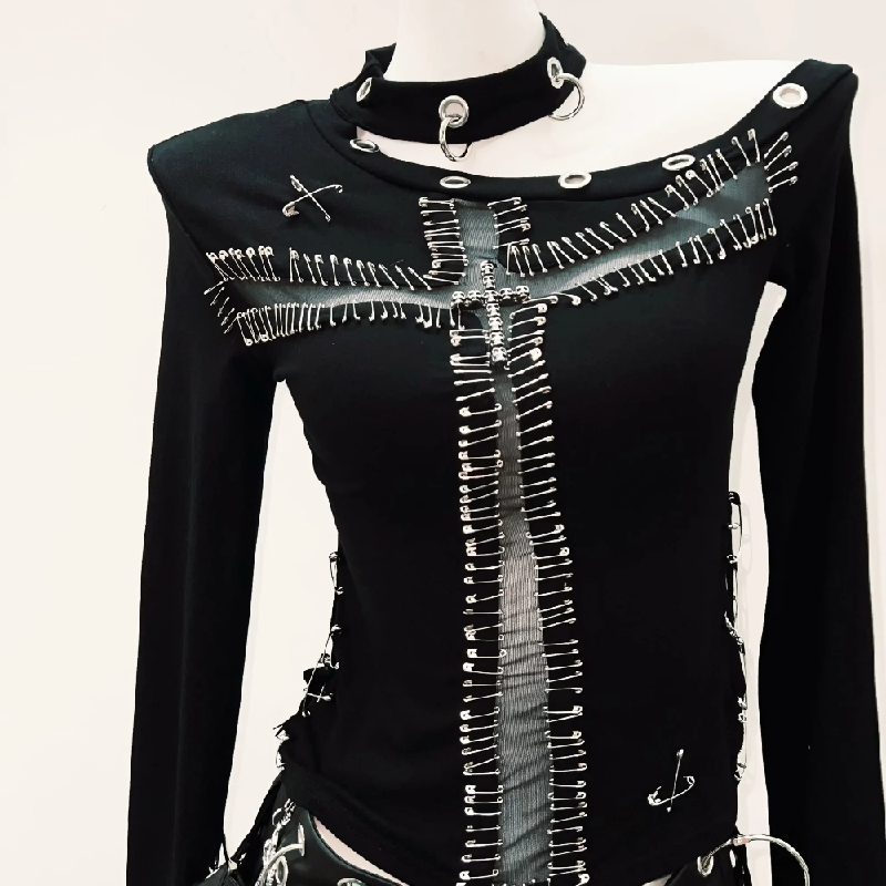 "Rebel Heart" Goth Safety Pin Cross Mesh Cut-Out Top - Edgy Halloween & Fall Statement