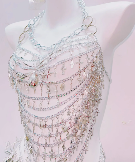 "Divine Rebel" Silver Chain & Cross Halter Mini Dress - Ultimate Halloween & Rave Glam