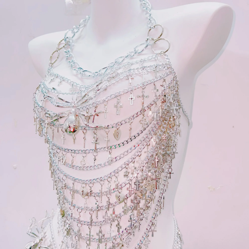 "Divine Rebel" Silver Chain & Cross Halter Mini Dress - Ultimate Halloween & Rave Glam