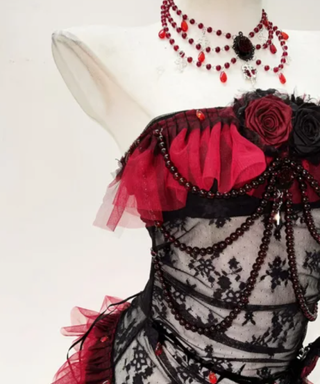 Gothic Enchantress Crimson & Black Lace Bodysuit with Choker | Halloween, Boudoir & Dark Romance