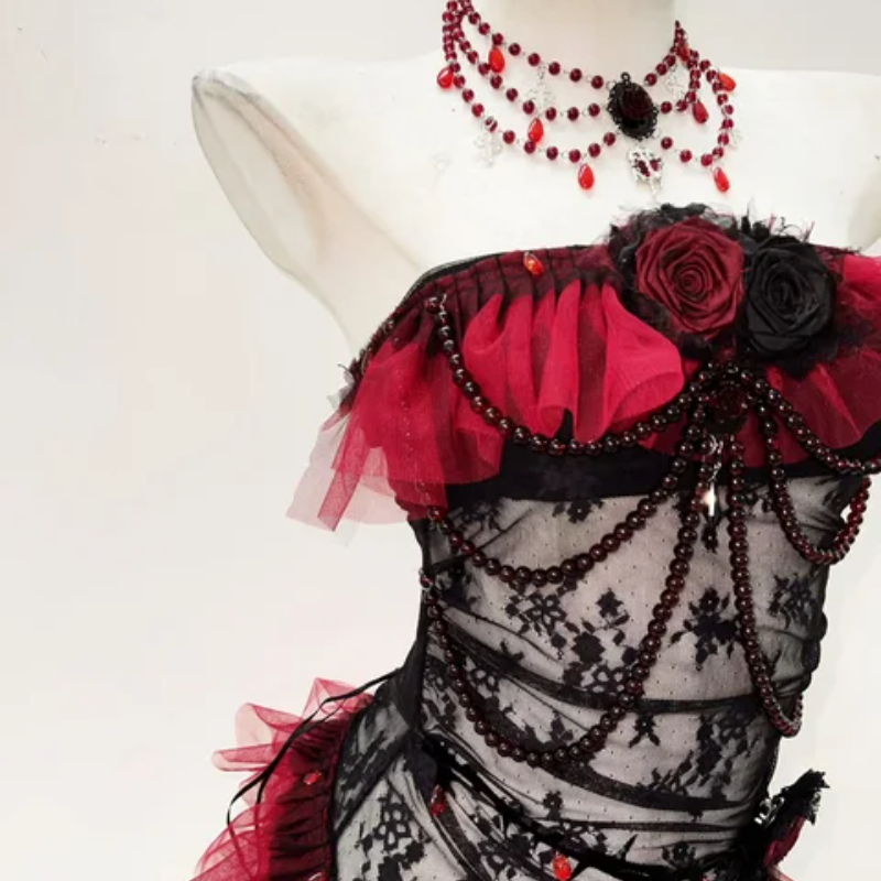Gothic Enchantress Crimson & Black Lace Bodysuit with Choker | Halloween, Boudoir & Dark Romance