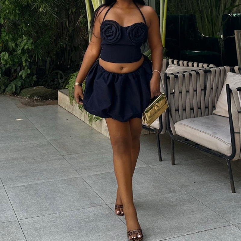 Chic Rose Applique Halter Crop Top & Bubble Mini Skirt Set - Fall Party Ready & Vacation Glam