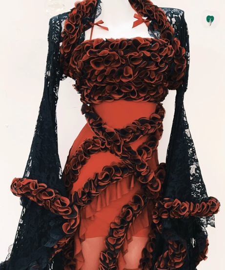 Crimson Enchantress Gown | Dramatic Ruffle & Black Lace Fall & Halloween Statement Dress