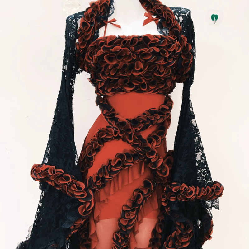 Crimson Enchantress Gown | Dramatic Ruffle & Black Lace Fall & Halloween Statement Dress