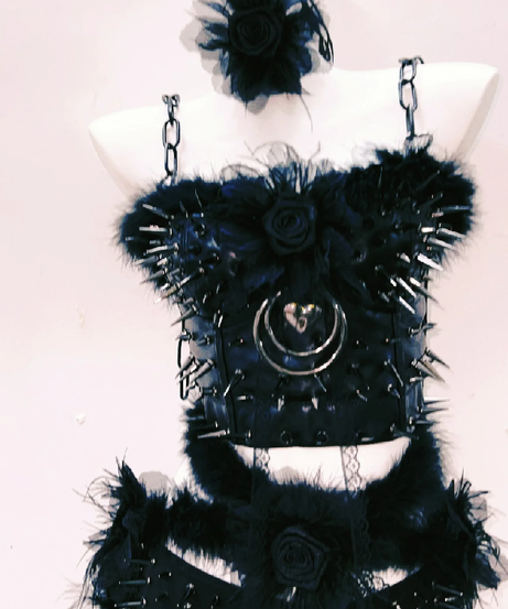 Spiked Feather Rebel Heart Two-Piece Set | Edgy Gothic Rave Clubwear & Halloween Statement