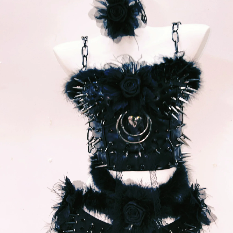 Spiked Feather Rebel Heart Two-Piece Set | Edgy Gothic Rave Clubwear & Halloween Statement