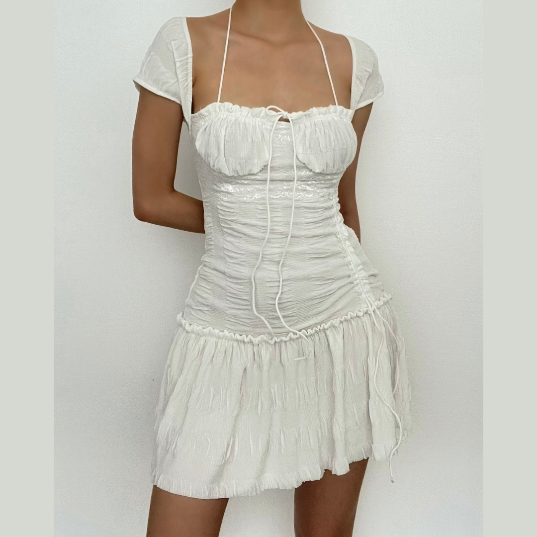 Dreamy White Ruched Mini Dress | Halter Neck Textured Resort & Vacation Essential