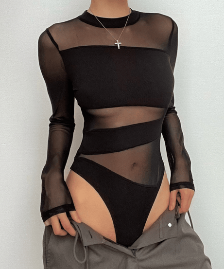 Edgy Sheer Mesh Patchwork Bodysuit - Long Sleeve Fall Nights & Halloween Chic