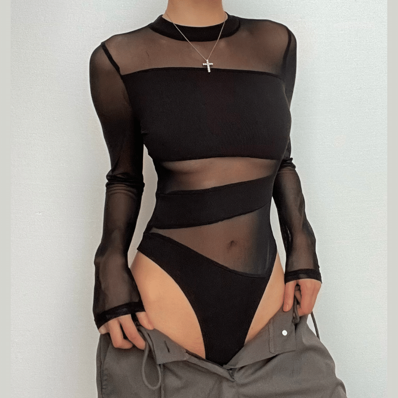 Edgy Sheer Mesh Patchwork Bodysuit - Long Sleeve Fall Nights & Halloween Chic