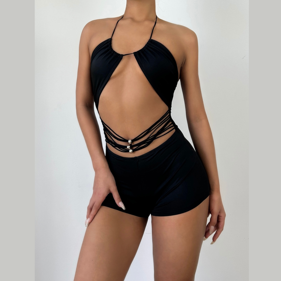 Sultry Black Halter Cutout Romper | Daring Style for Fall Nights & Tropical Escapes